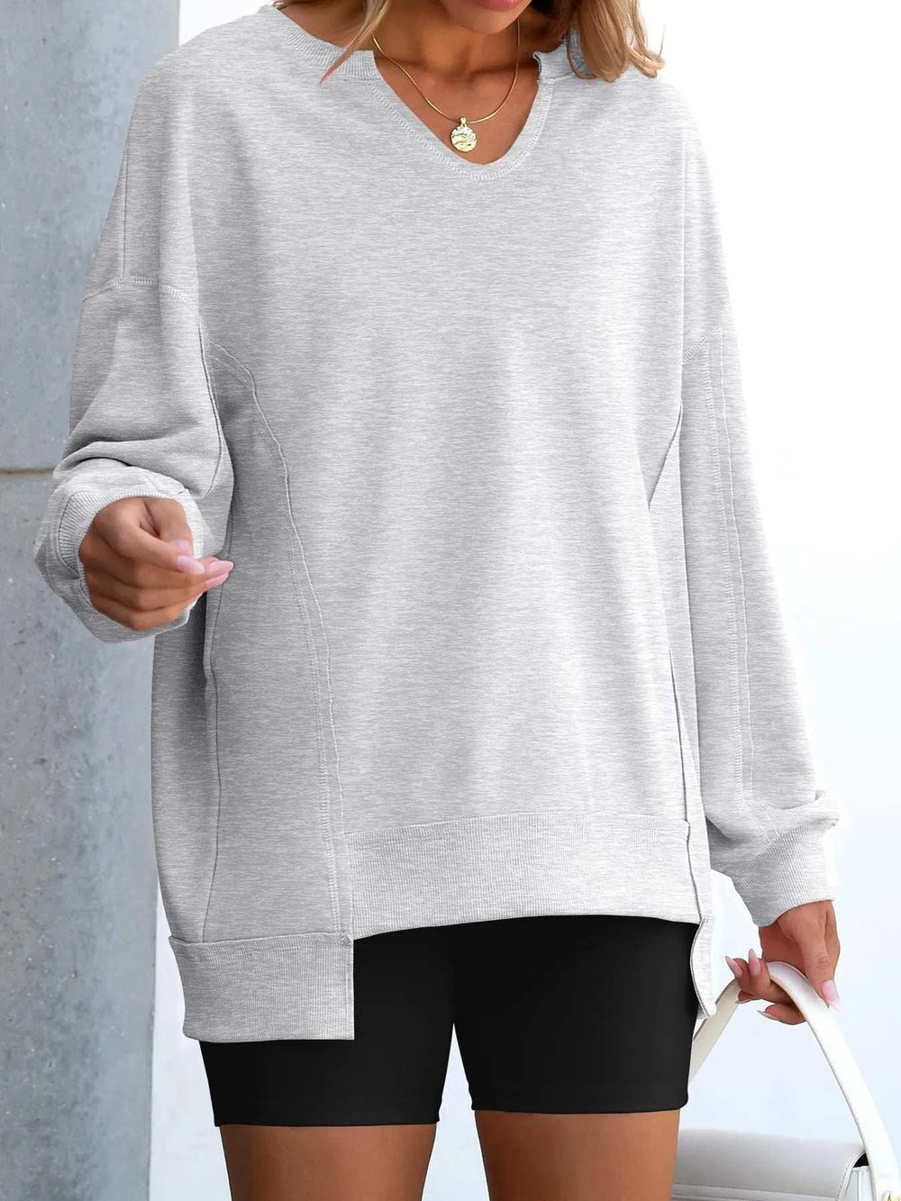 Notched Long Sleeve Oversized Sweatshirt - Trendsi - Flyclothing LLC