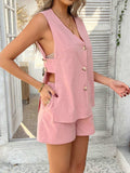 Devine Button Down V-Neck Tank and Shorts Set - Trendsi - Flyclothing LLC