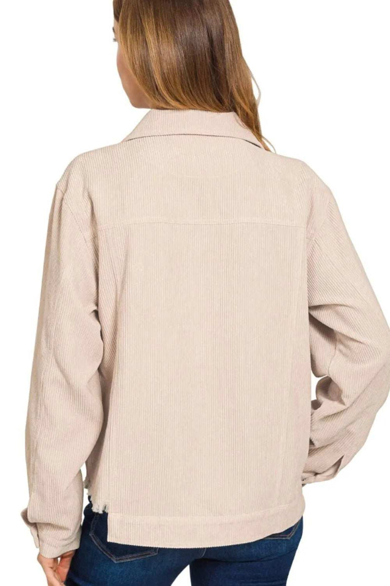 Zenana Distressed Corduroy Frayed Hem Cropped Jacket - Trendsi - Flyclothing LLC