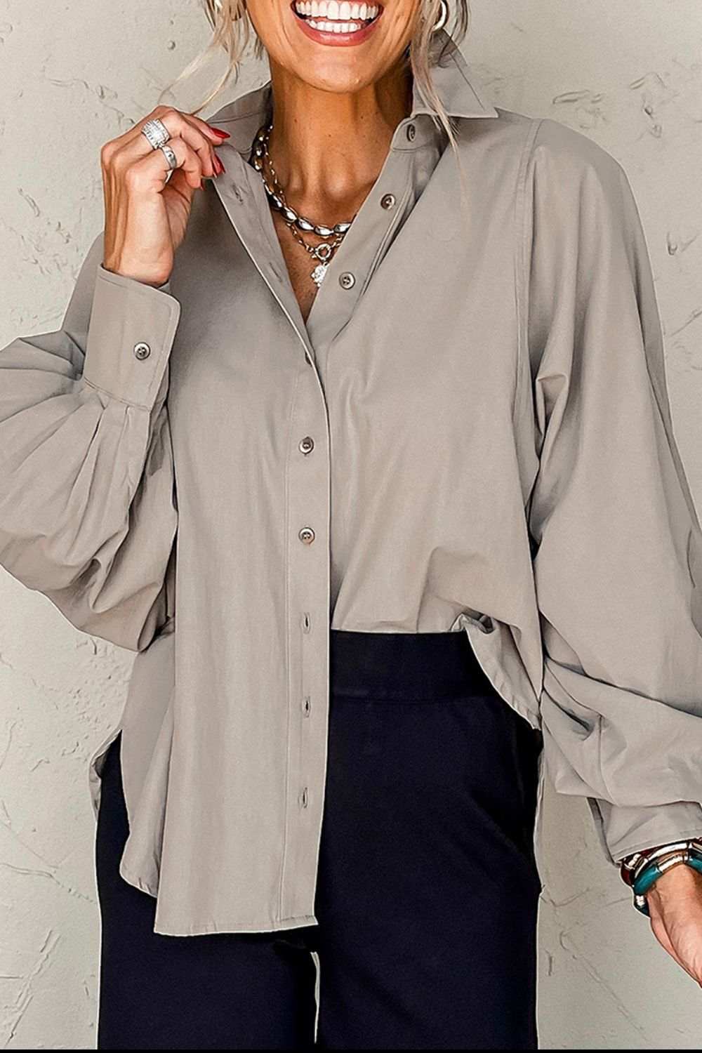 Button Down Collared Neck Long Sleeve Shirt - Trendsi - Flyclothing LLC