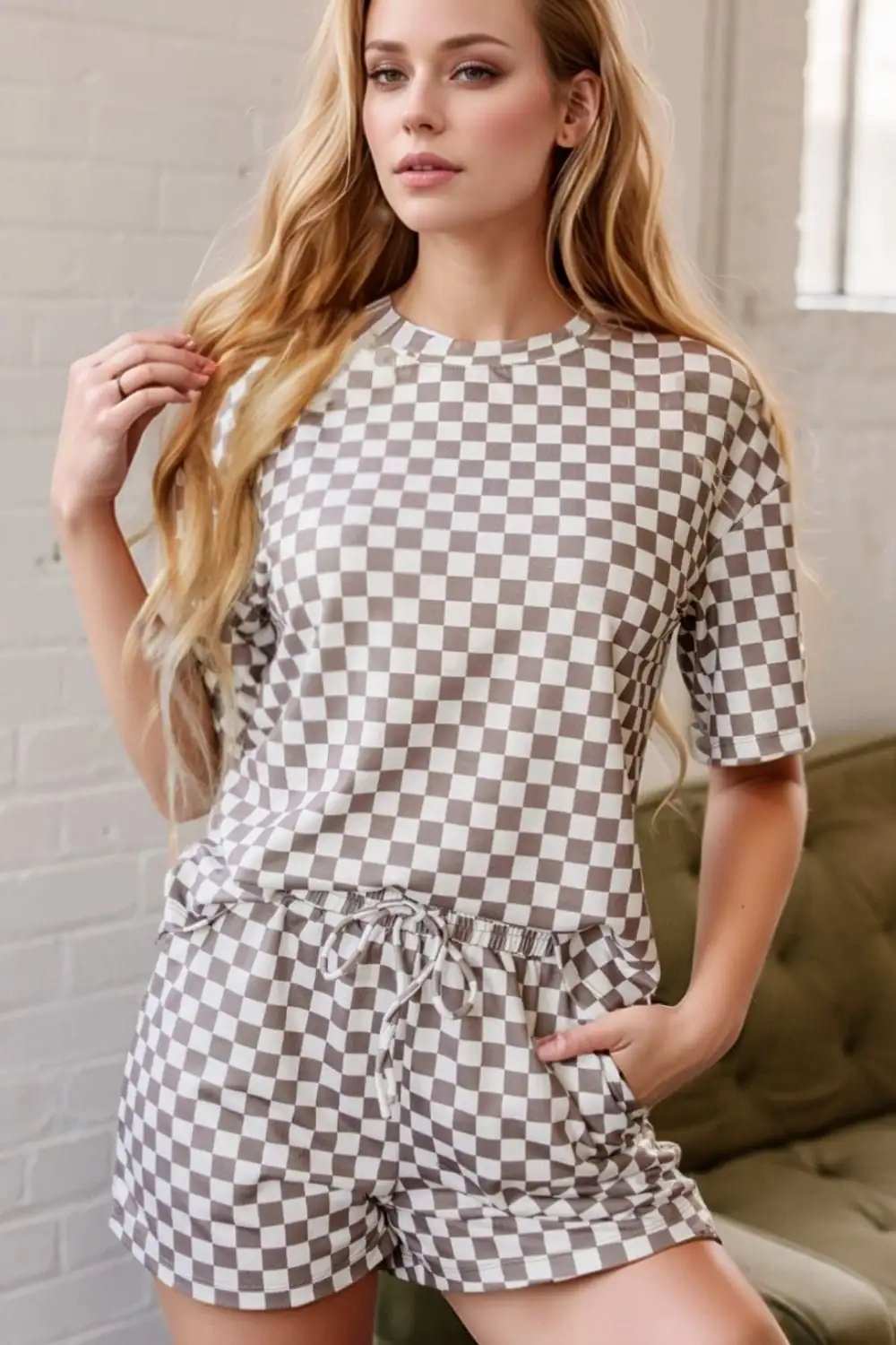 Checkered Round Neck Top and Shorts Set - Trendsi - Flyclothing LLC