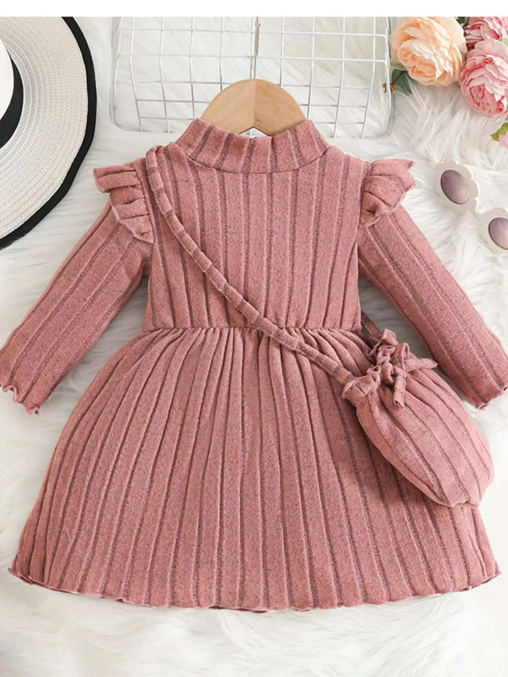 Children's Ribbed Knit Ruffle Trim Dress with Bag - Trendsi - Flyclothing LLC