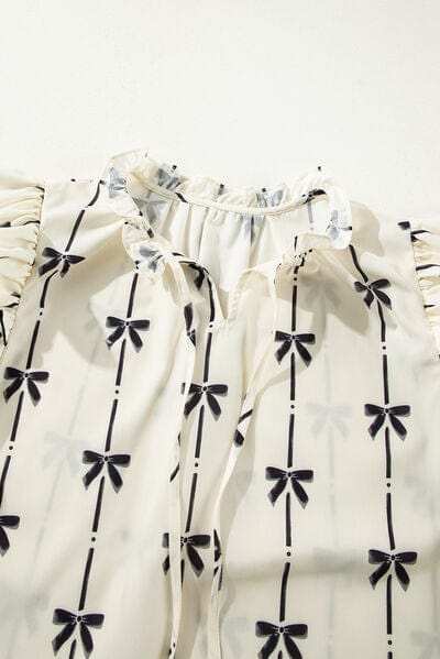 Bow Print Tie Neck Short Sleeve Blouse - Trendsi - Flyclothing LLC