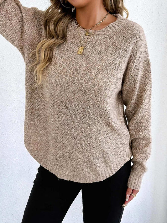 Textured Knit Relaxed Fit Round Neck Sweater - Trendsi - Flyclothing LLC