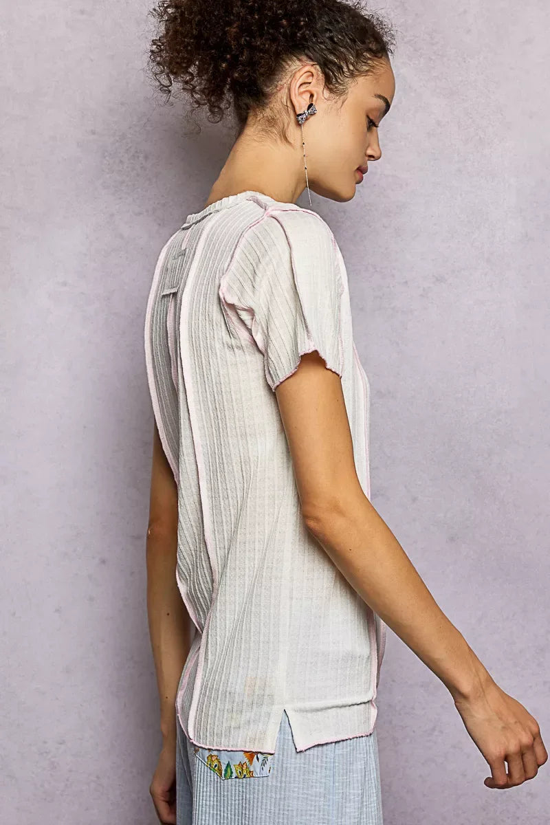 POL V-Neck Short Sleeve Top with Stitch Seam Detail - Trendsi - Flyclothing LLC