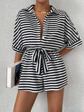 Tie Waist Half Button Striped Romper - Trendsi - Flyclothing LLC