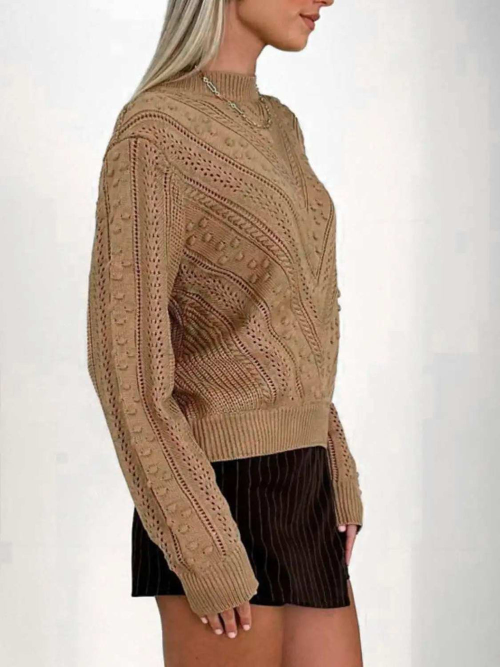 Openwork Round Neck Long Sleeve Sweater - Trendsi - Flyclothing LLC