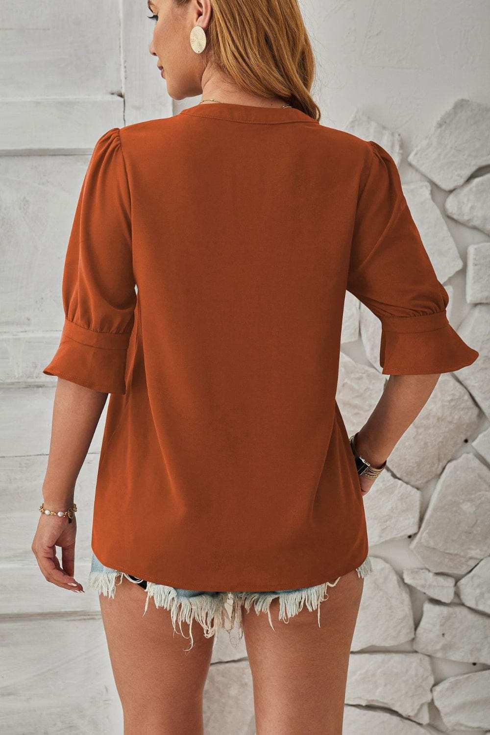 Notched Half Sleeve Blouse - Trendsi - Flyclothing LLC
