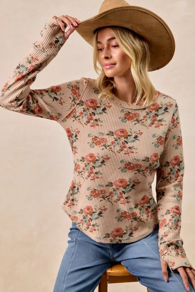 BiBi Floral Print Washed Waffle Thermal Top with Thumb - Trendsi - Flyclothing LLC