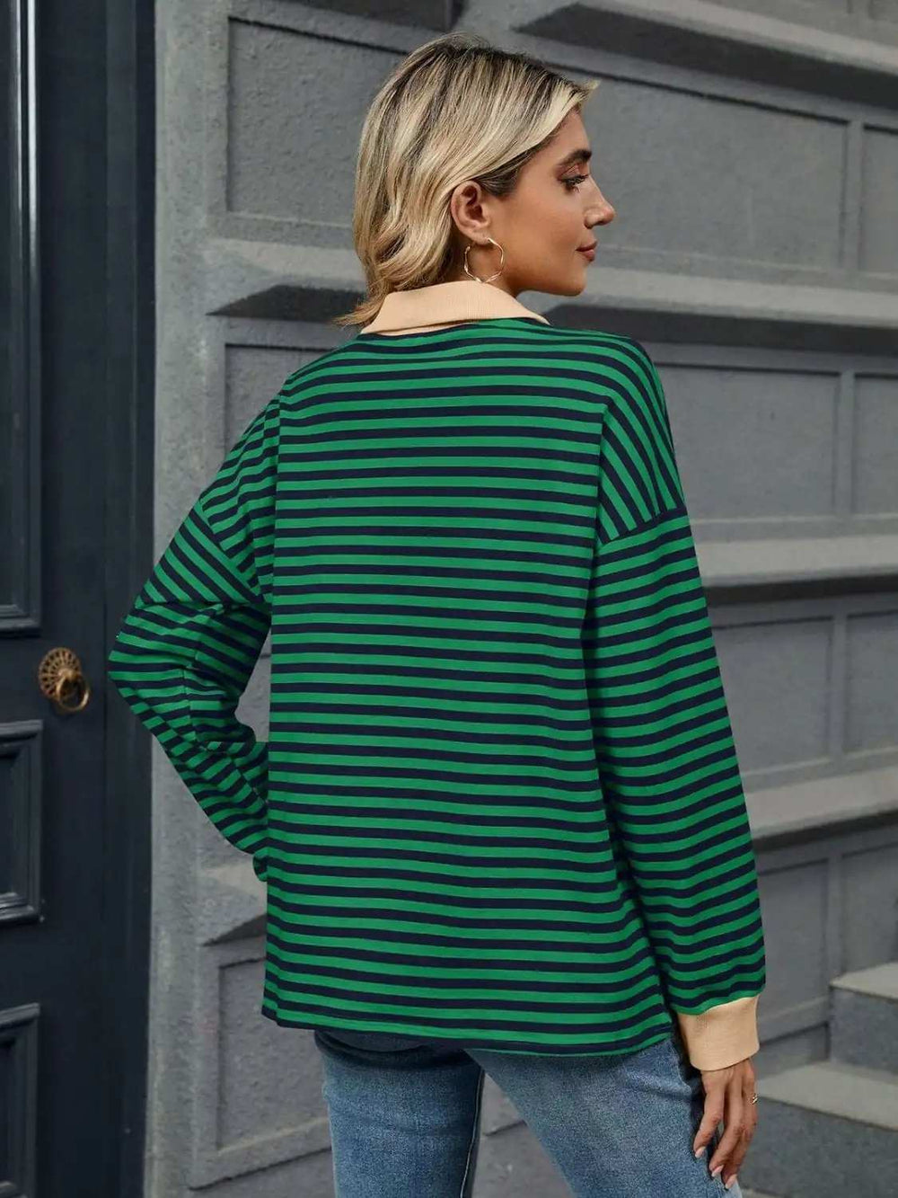 Striped Johnny Collar Long Sleeve Sweatshirt - Trendsi - Flyclothing LLC