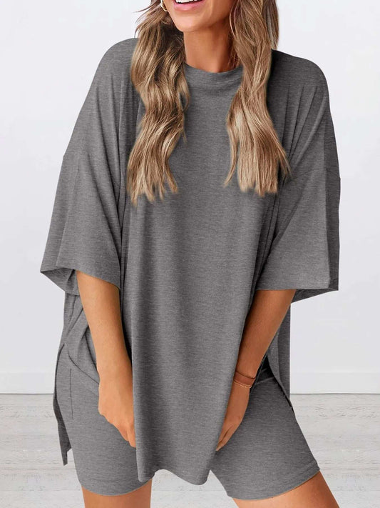 Full Size Oversized Round Neck Top and Shorts Set Plus Size - Trendsi - Flyclothing LLC