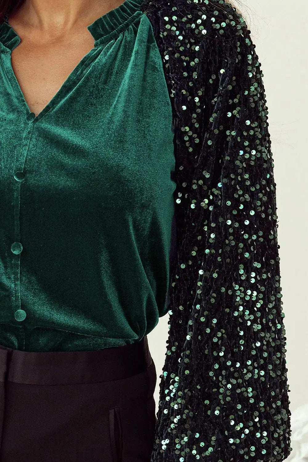 Sequin Notched Long Sleeve Blouse - Trendsi - Flyclothing LLC