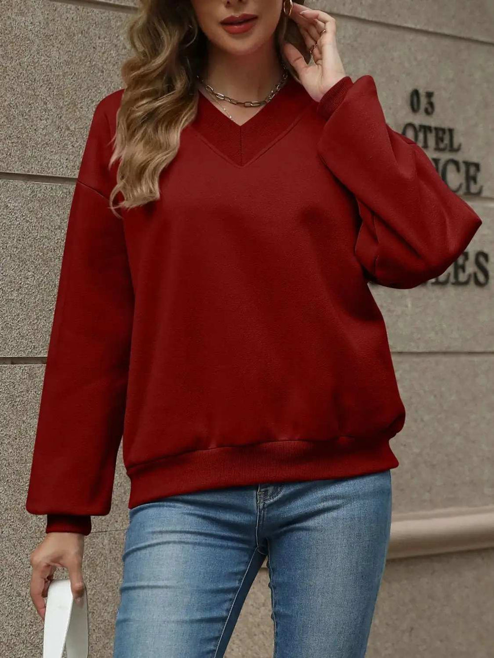 V-Neck Long Sleeve Dropped Shoulder Sweatshirt - Trendsi - Flyclothing LLC