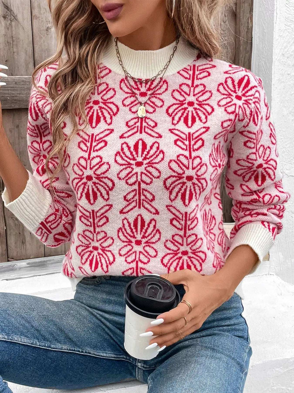 Flower Round Neck Long Sleeve Sweater - Trendsi - Flyclothing LLC