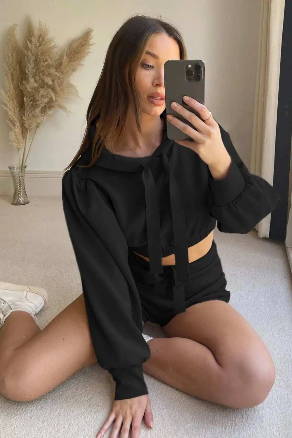 Drawstring Long Sleeve Hooded Top and Shorts Set - Trendsi - Flyclothing LLC