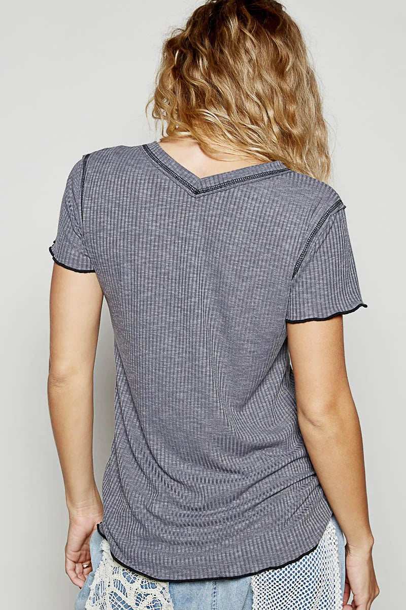 POL V-Neck Short Sleeve Ribbed T-Shirt with Contrast Overlock Stitching - Trendsi - Flyclothing LLC