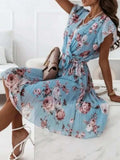 Floral Surplice Ruffled Cap Sleeve Dress - Trendsi - Flyclothing LLC