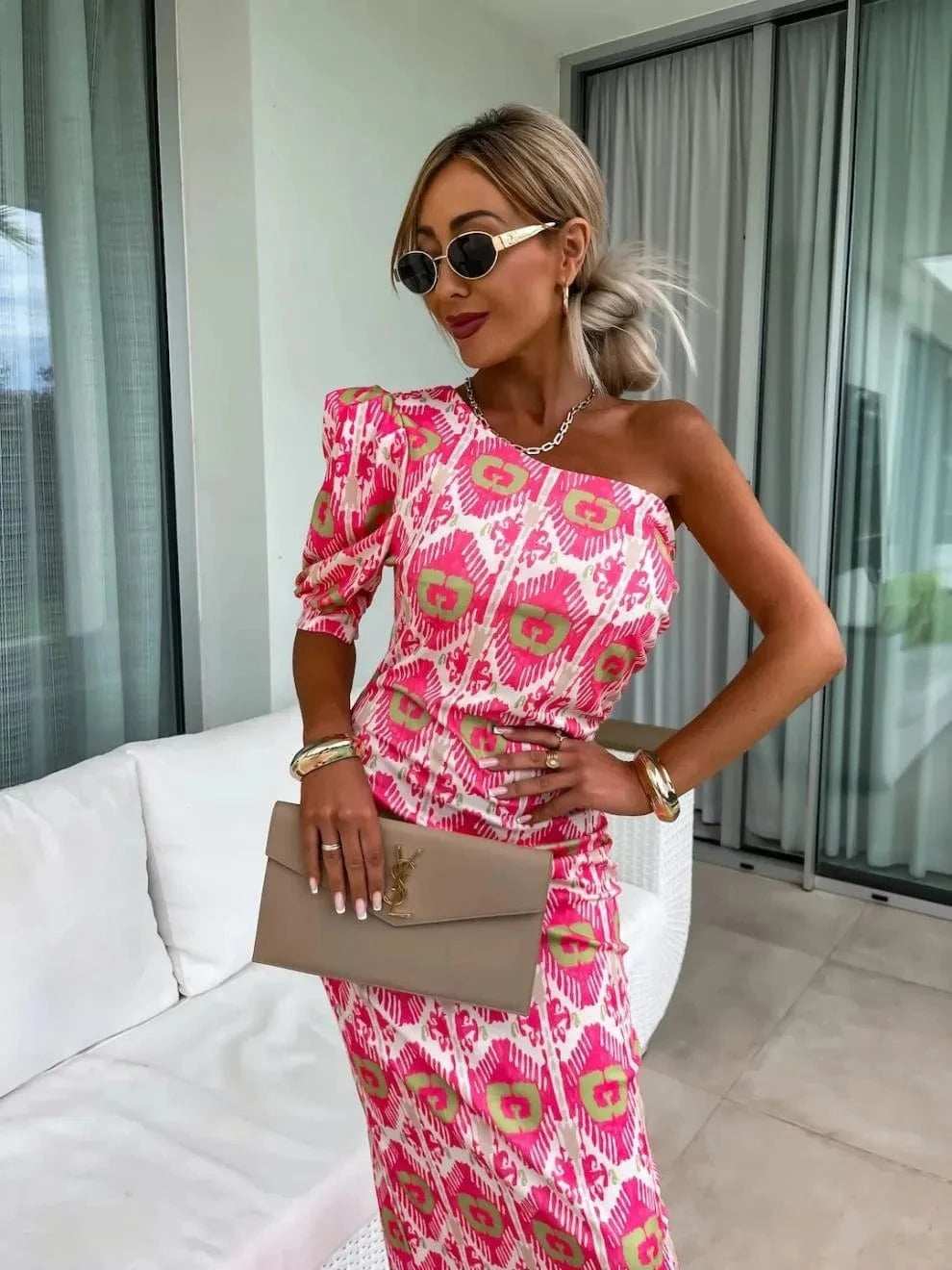 Slit Printed Single Shoulder Midi Dress - Trendsi - Flyclothing LLC