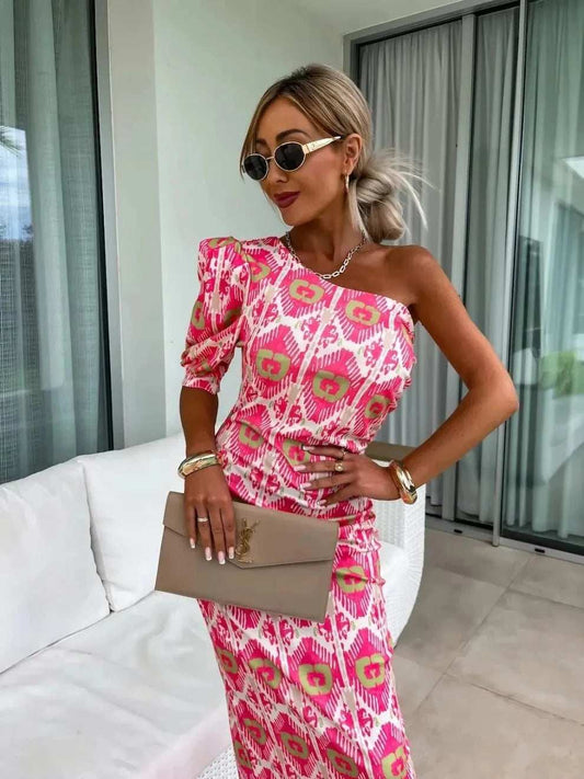 Slit Printed Single Shoulder Midi Dress - Trendsi - Flyclothing LLC