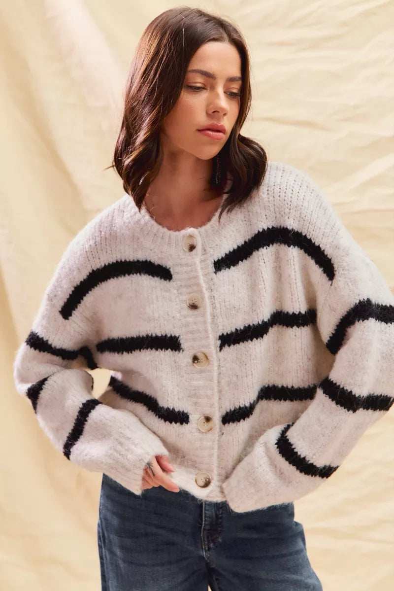 SO ME Stripe Soft Touch Button Cozy Sweater Cardigan - Trendsi - Flyclothing LLC