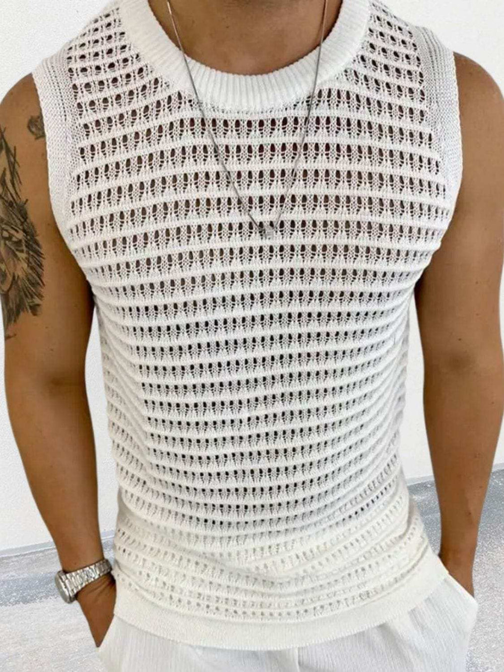 Men's Round Neck Hollow Out Sleeveless Knit Top - Trendsi - Flyclothing LLC