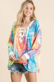 BiBi Tie Dye Deep V-neck Top With Lace Up Front - Trendsi - Flyclothing LLC