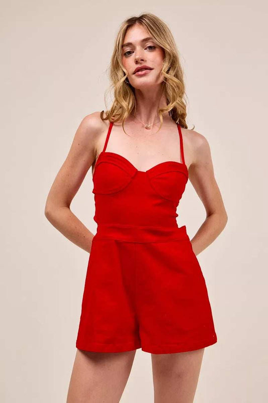 SO ME Fitted Open Back Game Day Romper with Lace Up Deta - Trendsi - Flyclothing LLC