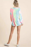 BiBi Tie Dye French Terry V-Neck Top with Puff Sleeves - Trendsi - Flyclothing LLC