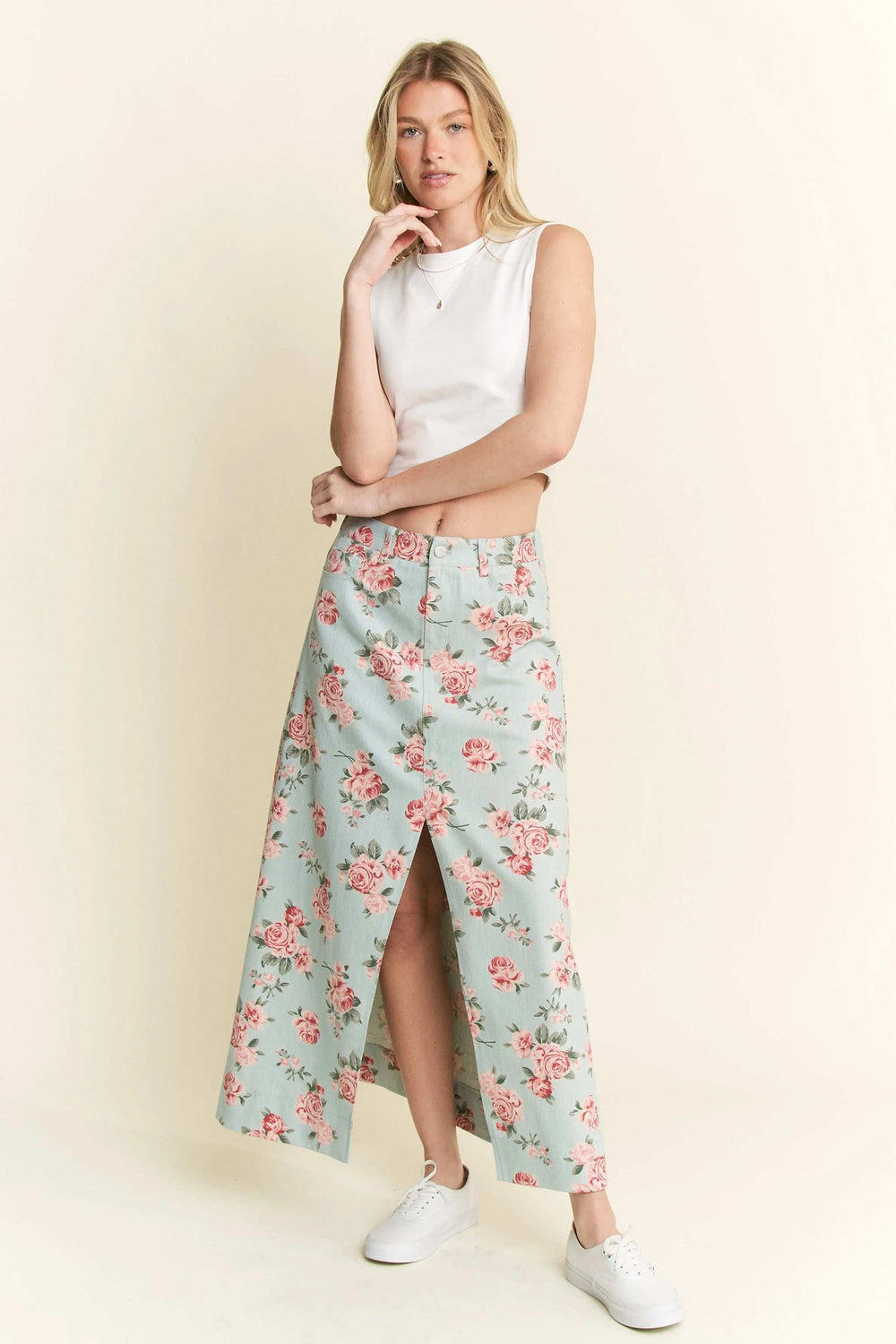 Jade By Jane Full Size Floral Print Front Slit Denim Maxi Skirt Plus Size - Trendsi - Flyclothing LLC