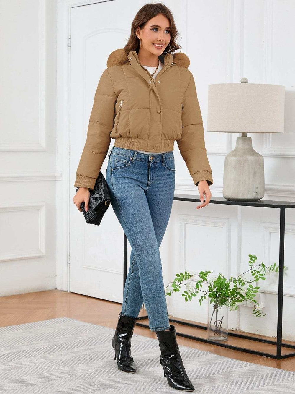 Pocketed Long Sleeve Cropped Hooded Winter Coat - Trendsi - Flyclothing LLC