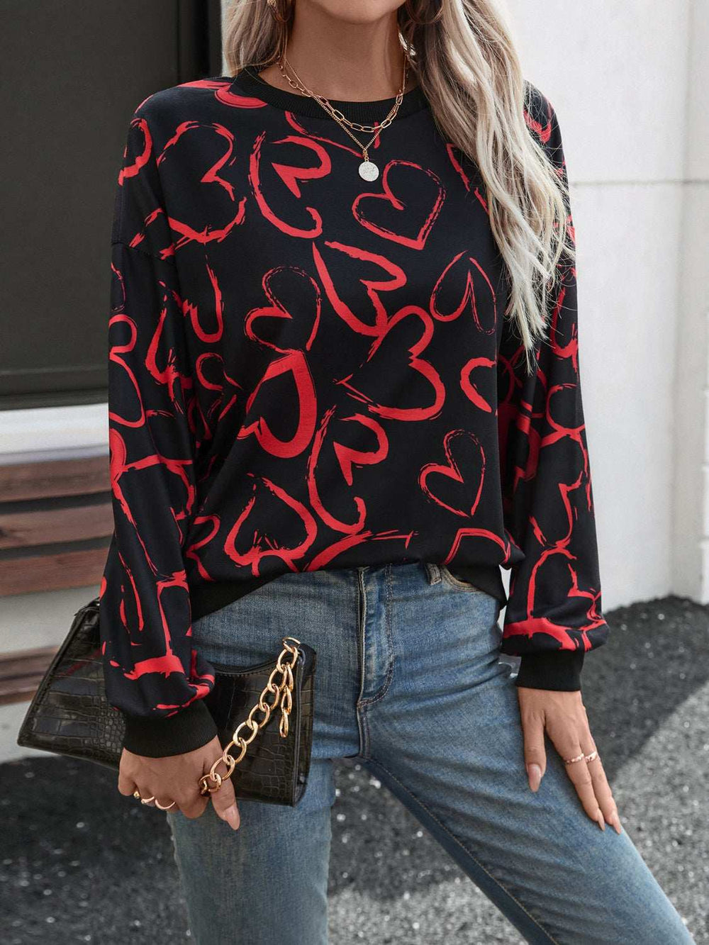 Heart Dropped Shoulder Long Sleeve Sweatshirt - Trendsi - Flyclothing LLC