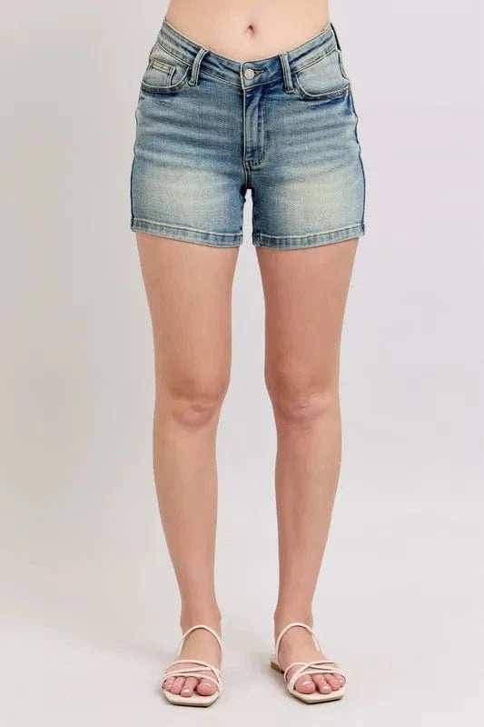 Judy Blue Full Size V-Front Vintage Wash Shorts Plus Size - Trendsi - Flyclothing LLC
