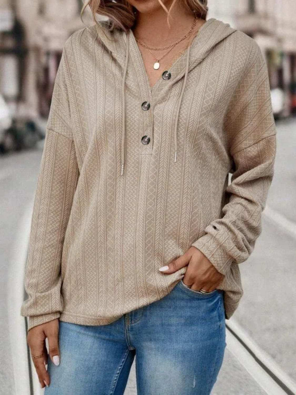 Drawstring Dropped Shoulder Long Sleeve Hoodie - Trendsi - Flyclothing LLC