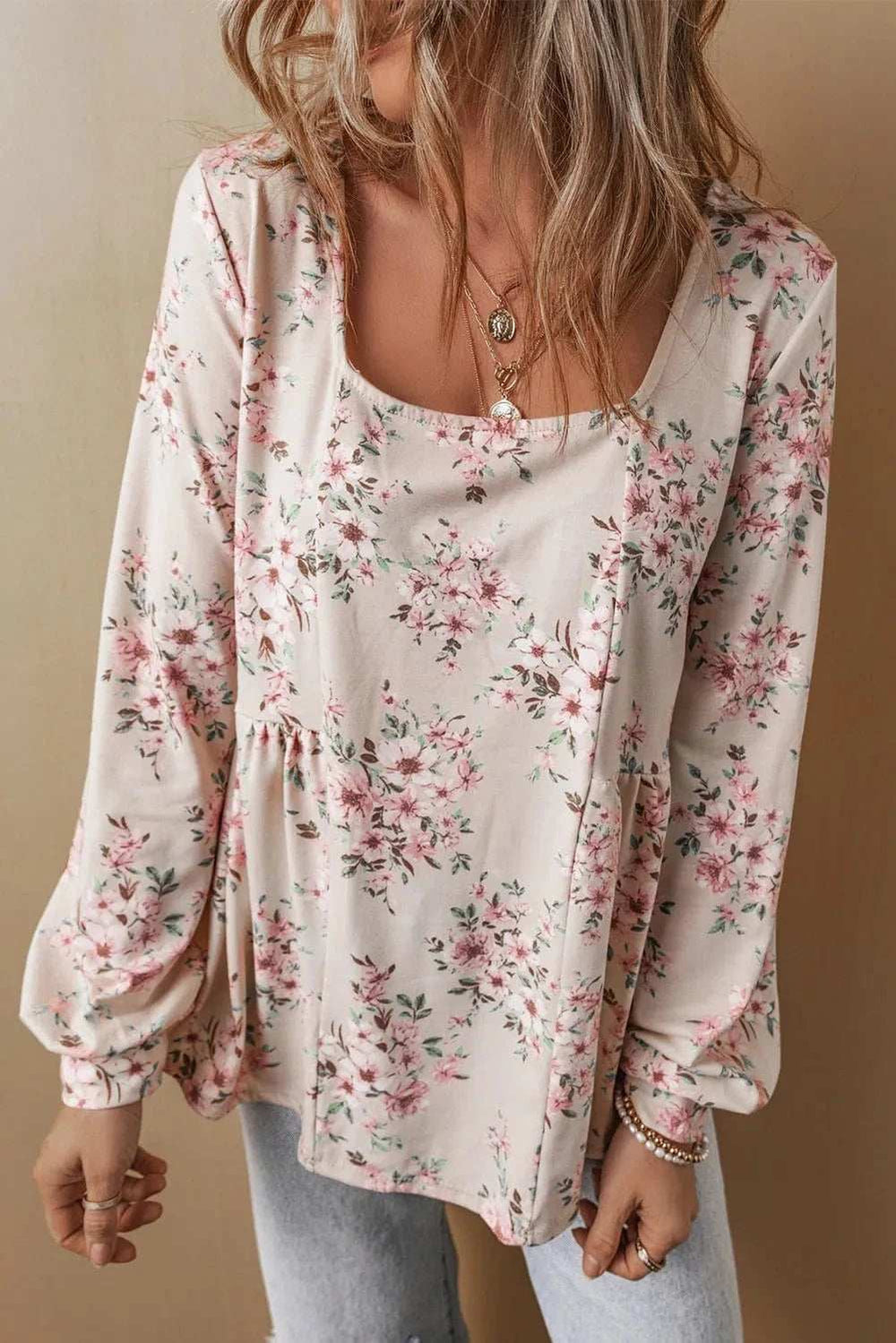 Printed Square Neck Long Sleeve Blouse - Trendsi - Flyclothing LLC