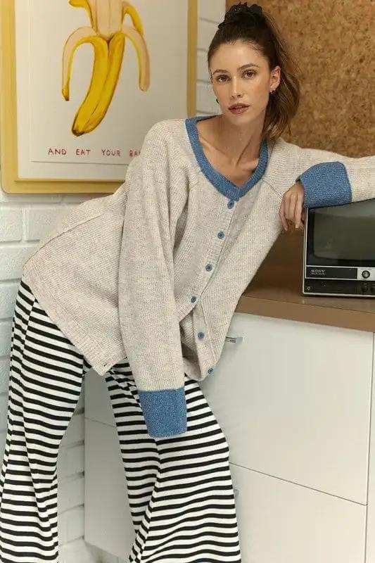 Annie Wear Contrast Trim Button Down Raglan Sleeve Cardigan - Trendsi - Flyclothing LLC