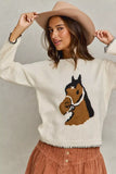 SO ME Horse Knit Sweater Top with Blanket Stitch - Trendsi - Flyclothing LLC