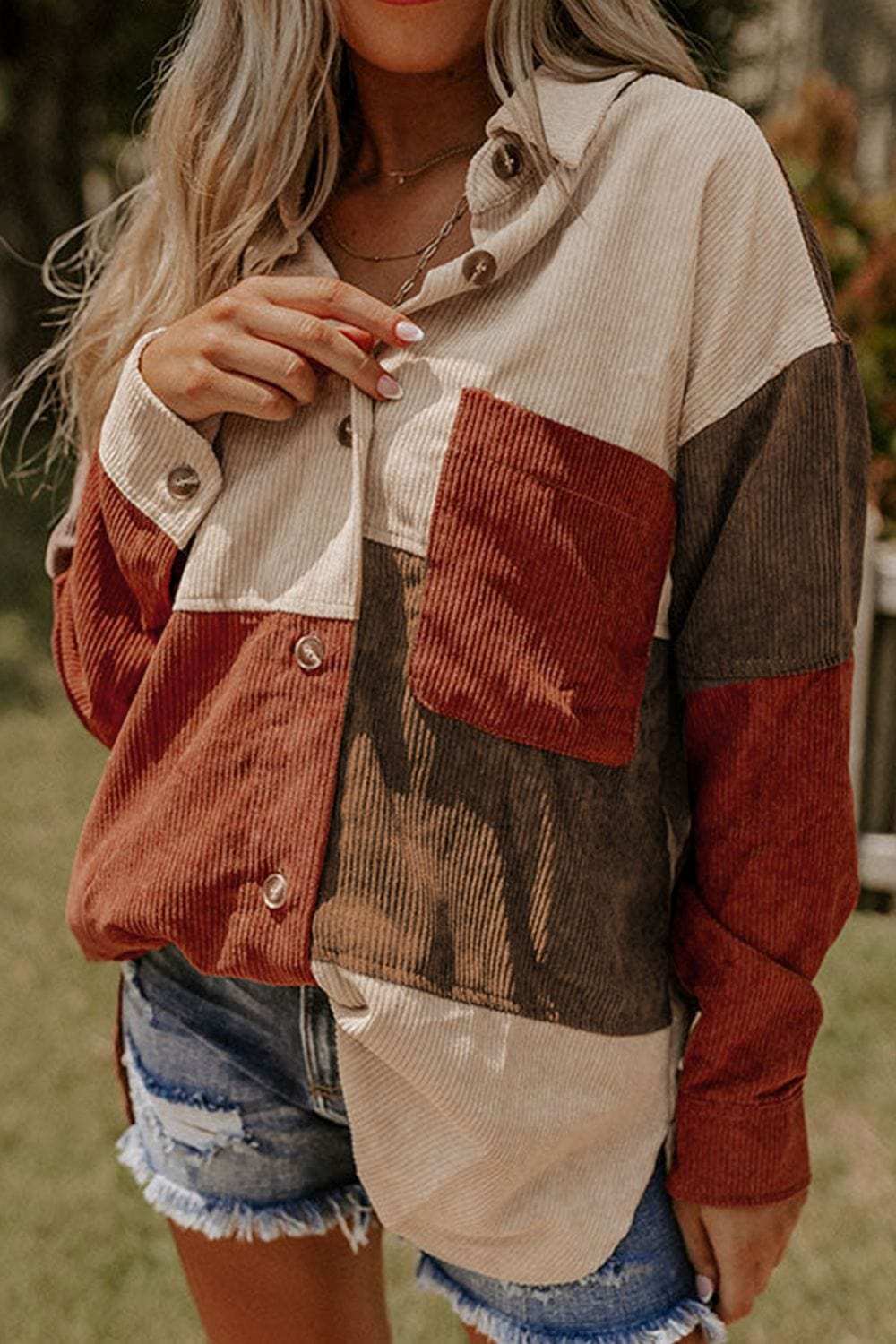 Color Block Curved Hem Corduroy Shacket with Pocket - Trendsi - Flyclothing LLC