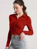 Ruched Button Up Long Sleeve T-Shirt - Trendsi - Flyclothing LLC