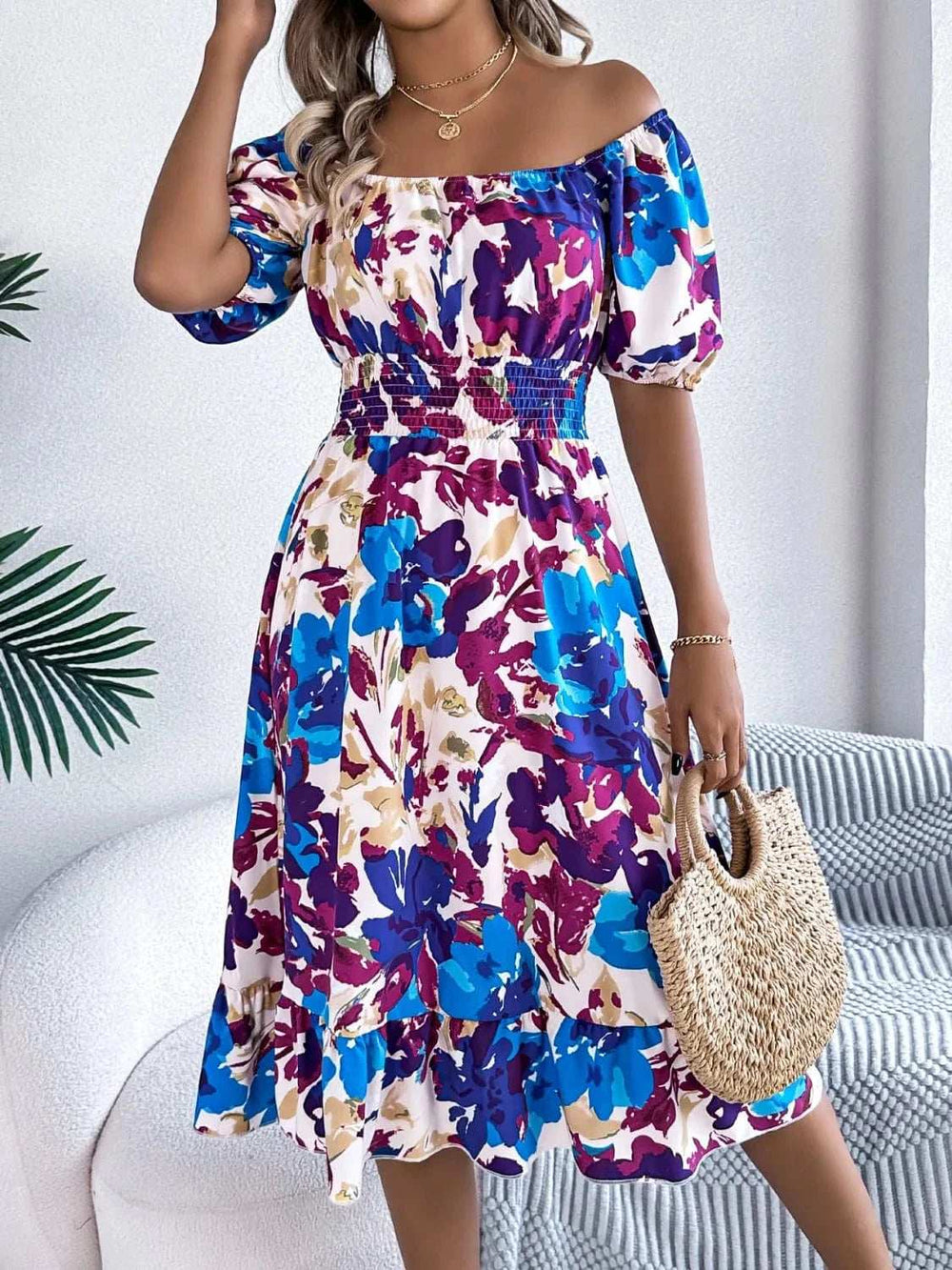 Ruffled Hem Smocked Floral Short Sleeve Midi Dress - Trendsi - Flyclothing LLC