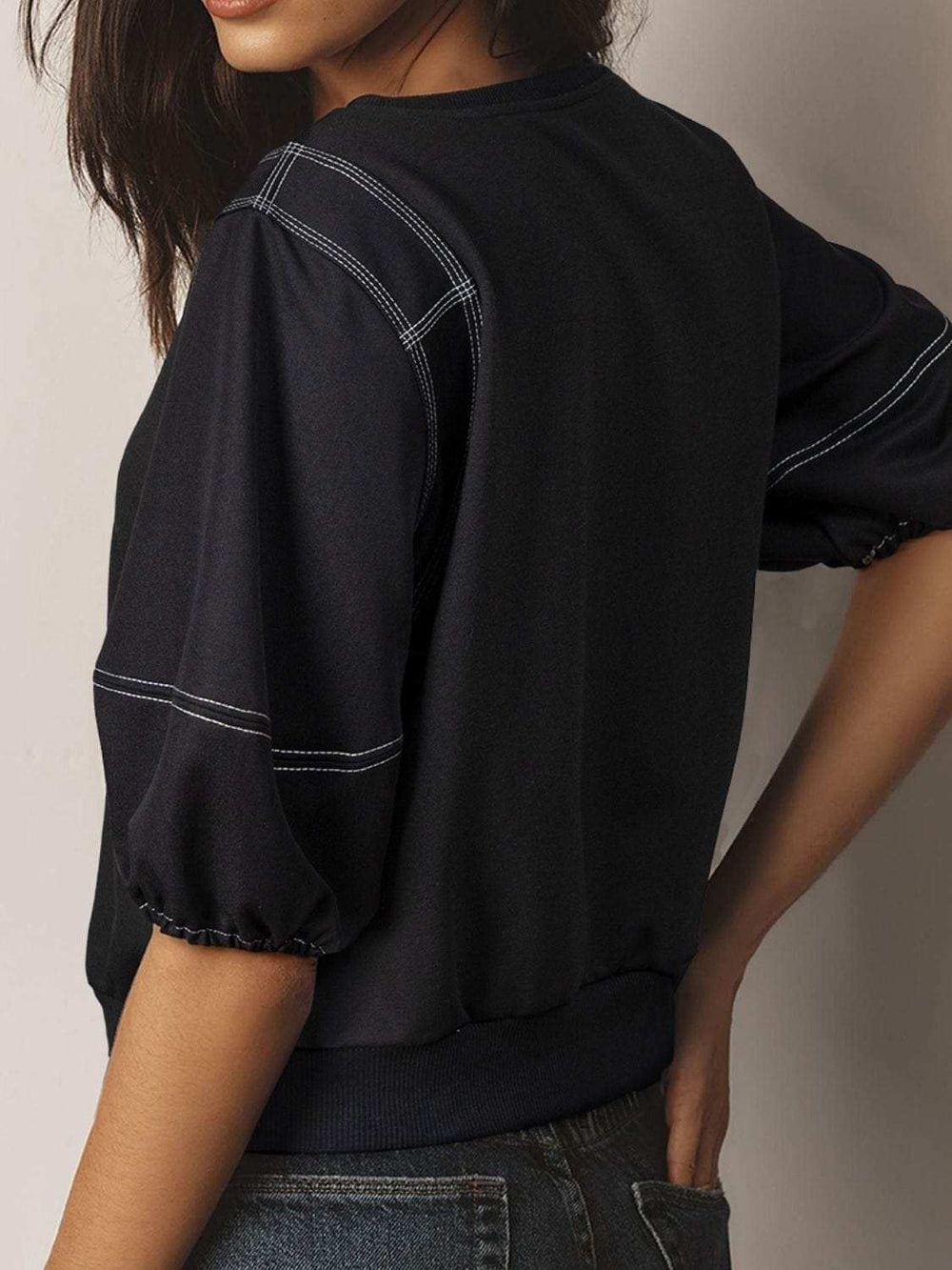 Contrast Stitches Detail Half Sleeve Blouse - Trendsi - Flyclothing LLC