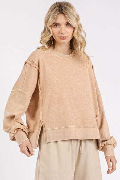 Mittoshop Side Slit Exposed Seam Round Neck Sweatshirt - Trendsi - Flyclothing LLC