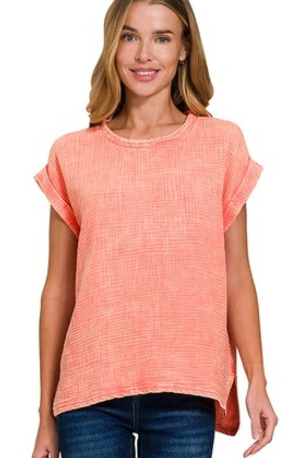 Zenana Woven Double Gauze Acid Washed Short Sleeve Top - Trendsi - Flyclothing LLC