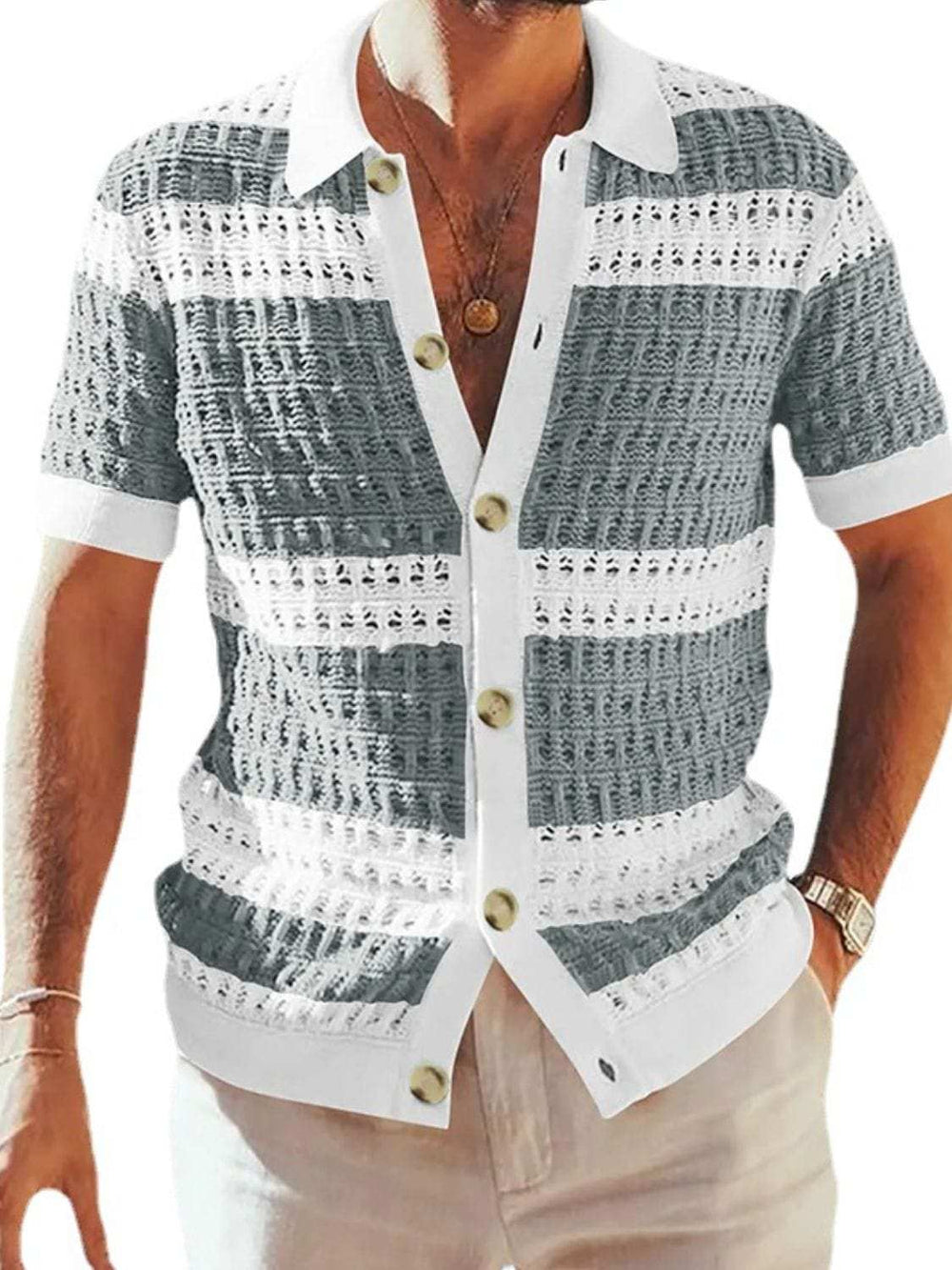 Men's Button Down Collared Neck Contrast Openwork Shirt - Trendsi - Flyclothing LLC