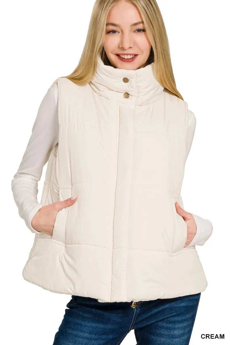 Zenana High Neck Zip-Up Vest Coat - Trendsi - Flyclothing LLC