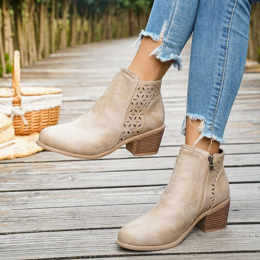 Round Toe Block Heels Boots - Trendsi - Flyclothing LLC