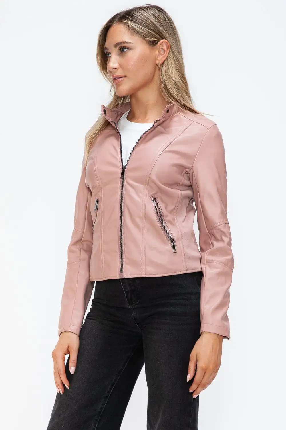 Snobbish Faux Leather Zip Up Drawstring Hooded Jacket - Trendsi - Flyclothing LLC