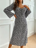 Printed Tie Flare Sleeve Midi Dress - Trendsi - Flyclothing LLC