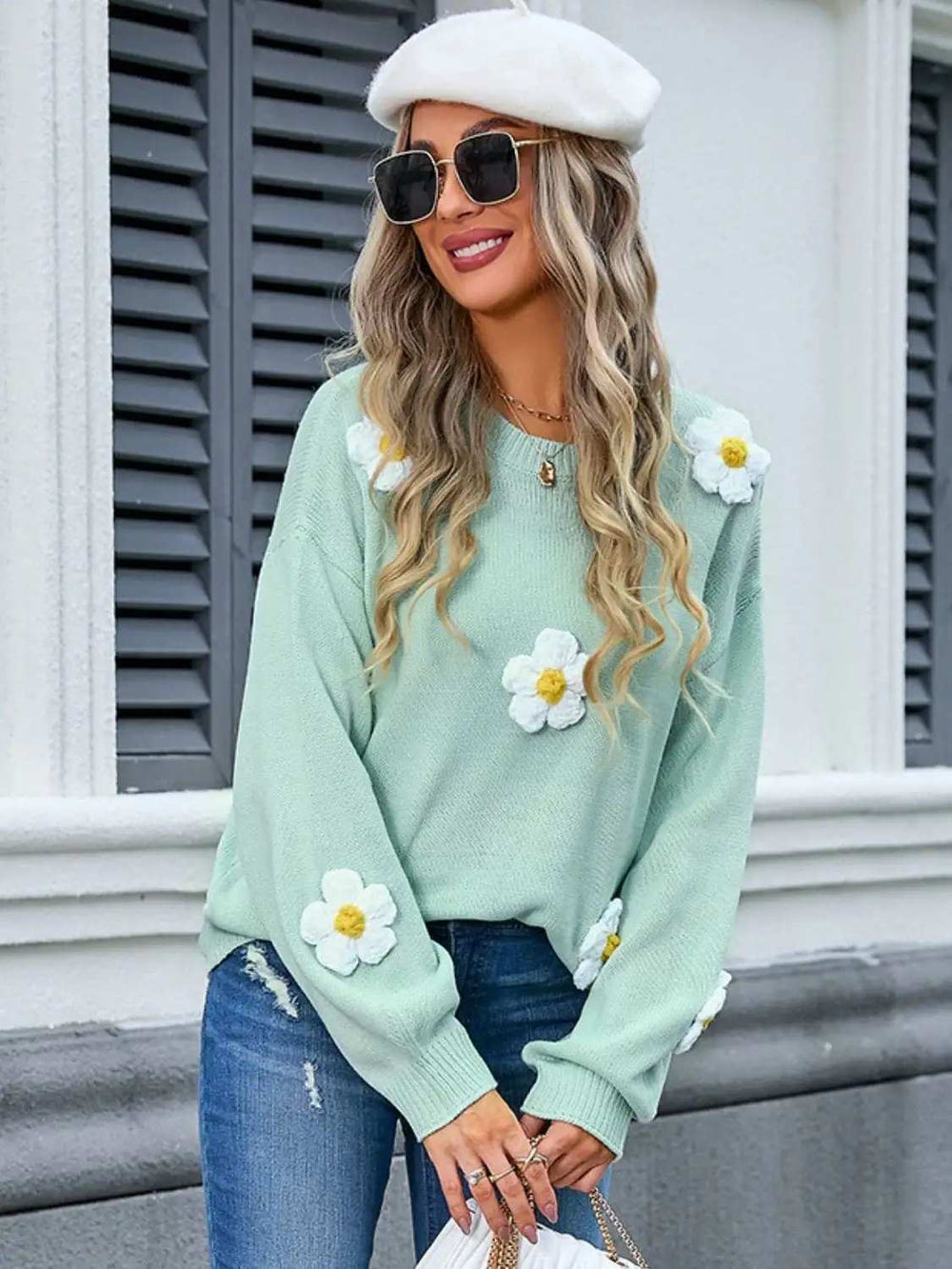 Angel Wings Flower Round Neck Long Sleeve Sweater - Trendsi - Flyclothing LLC