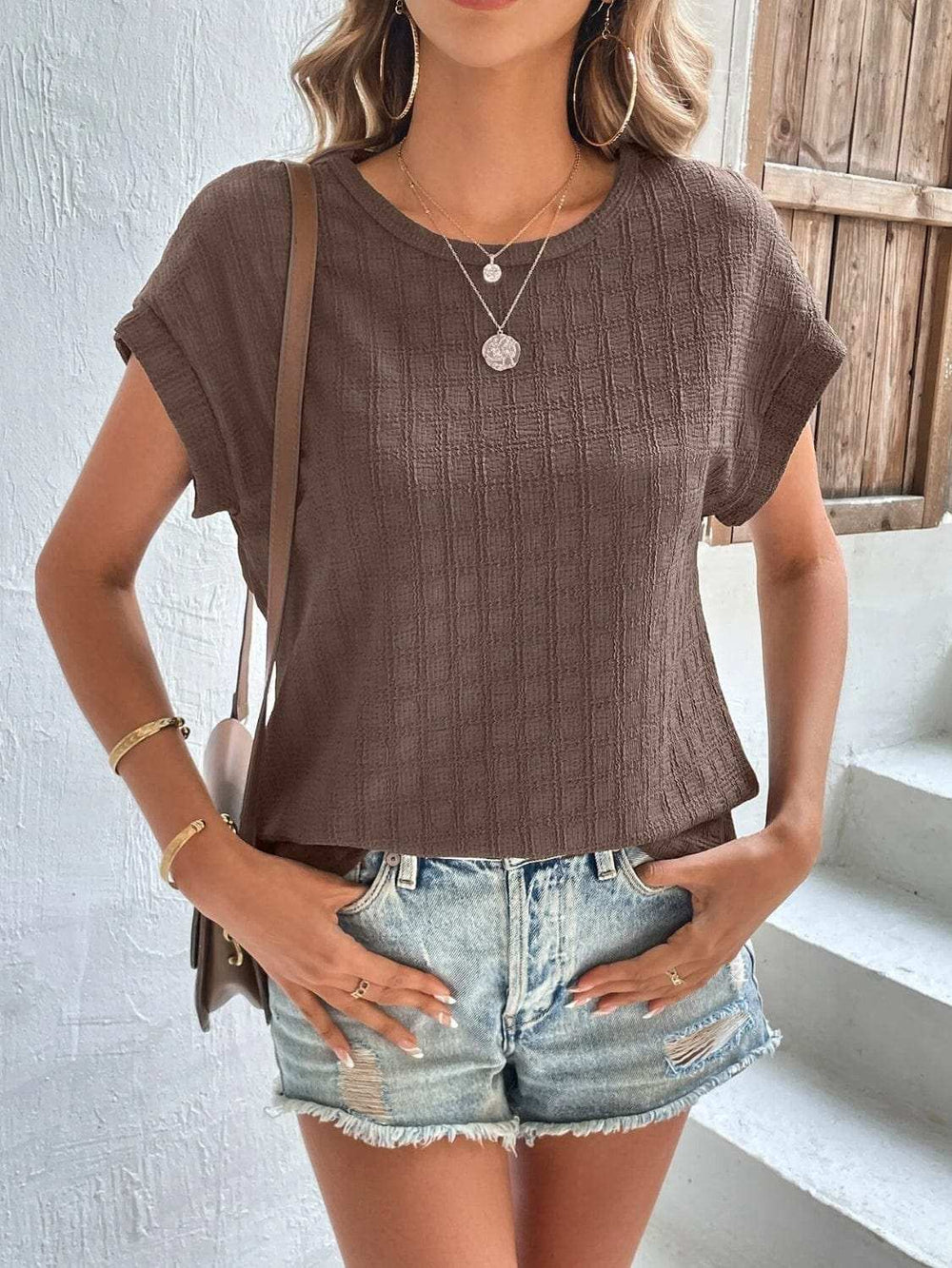 Textured Round Neck Short Sleeve Top - Trendsi - Flyclothing LLC