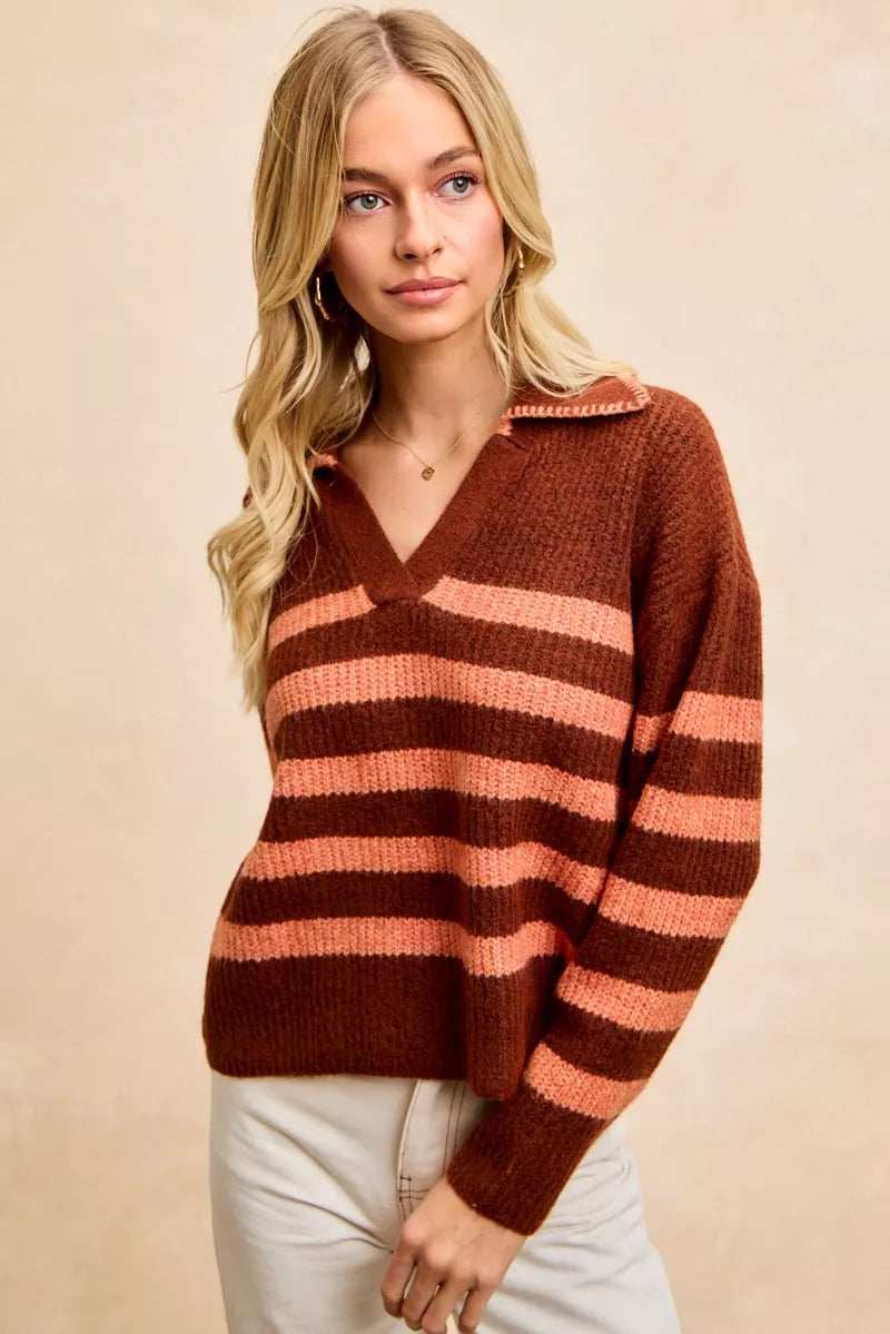 BiBi Striped Sweater Top with Collar Stitched Details - Trendsi - Flyclothing LLC